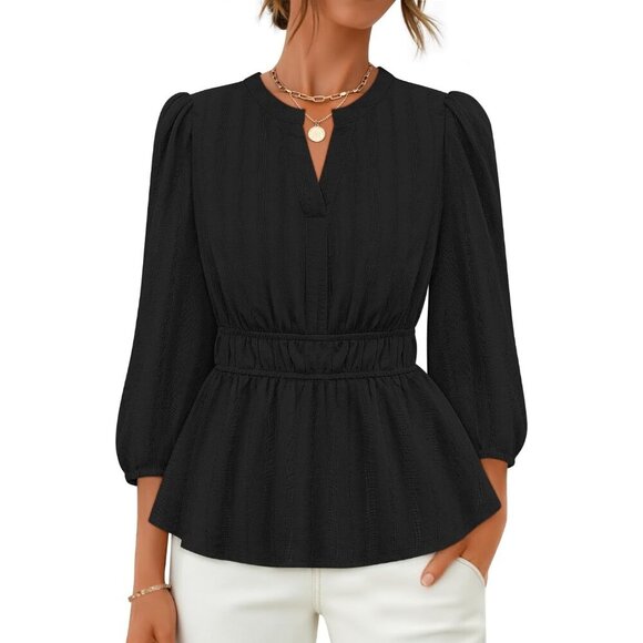 Tops - Women's Cotton Babydoll Tops V-Neck Puff Sleeve Casual Dressy Fall